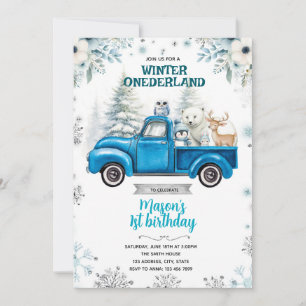 Winter Onederland blue truck invitation