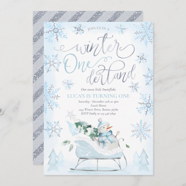 Winter ONEderland Blue Winter Sleigh 1st Birthday Invitation (Front/Back)