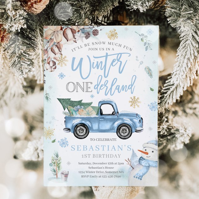 Winter ONEderland Blue Winter Truck Snowman Party Invitation (Creator Uploaded)