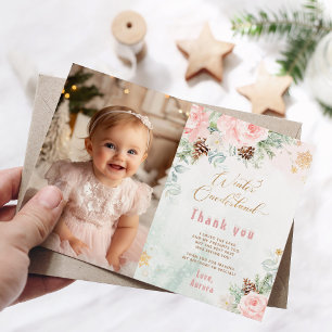 Winter Onederland blush pink photo thank you card