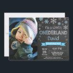 Winter Onederland Boy 1st Birthday Invitation<br><div class="desc">Winter Onederland Boy 1st Birthday Invitation with custom photo. Blue and White Snowflake. First Birthday. Boy 1st Bday Invite. Chalkboard Background. Black and White. For further customisation,  please click the "Customise it" button and use our design tool to modify this template.</div>