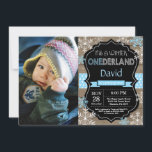 Winter Onederland Boy 1st Birthday Invitation<br><div class="desc">Winter Onederland Boy 1st Birthday Invitation with custom photo. Blue and White Snowflake. First Birthday. Boy 1st Bday Invite. Rustic Wood Chalkboard Background. Black and White. Blue Ribbon. For further customisation,  please click the "Customise it" button and use our design tool to modify this template.</div>
