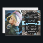 Winter Onederland Boy 1st Birthday Invitation<br><div class="desc">Winter Onederland Boy 1st Birthday Invitation with custom photo. Blue and White Snowflake. First Birthday. Boy 1st Bday Invite. Rustic Wood Chalkboard Background. Black and White. Blue Ribbon. For further customisation,  please click the "Customise it" button and use our design tool to modify this template.</div>