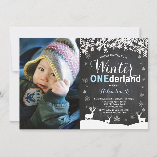 Winter Onederland Boy 1st Birthday Photo Invitation (Front)
