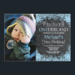 Winter Onederland Boy 1st Birthday Photo Invitation<br><div class="desc">Winter Onederland Boy 1st Birthday Invitation with custom photo. White and Blue Snowflake. First Birthday. Boy 1st Bday Invite. Chalkboard Background. Black and White. For further customisation,  please click the "Customise it" button and use our design tool to modify this template.</div>