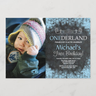 Winter Onederland Boy 1st Birthday Photo Invitation