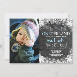 Winter Onederland Boy 1st Birthday Photo Invitation