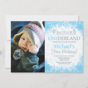 Winter Onederland Boy 1st Birthday Photo Invitation