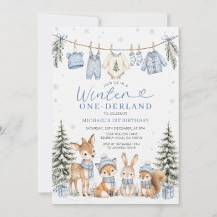Winter Onederland Boy 1st Birthday Woodland Animal Invitation