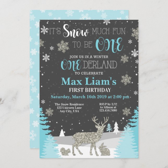 Winter ONEderland Boy First Birthday Invitation (Front/Back)