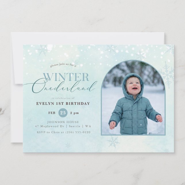 Winter Onederland Boy Girl Arch Photo 1st Birthday Invitation (Front)