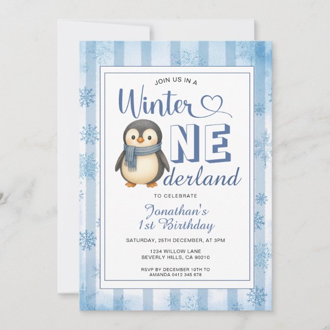Winter Onederland Boy Penguin Birthday Snowflakes Invitation (Front)