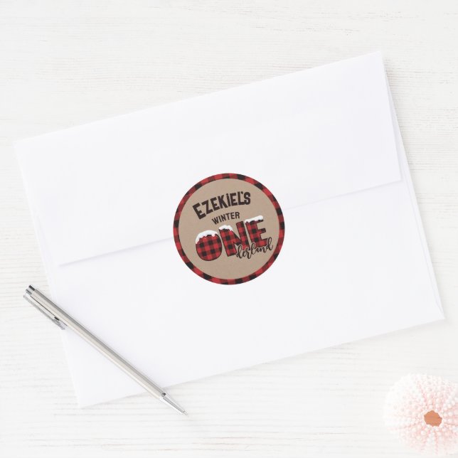 Winter ONEderland Buffalo Plaid Birthday Classic Round Sticker (Envelope)