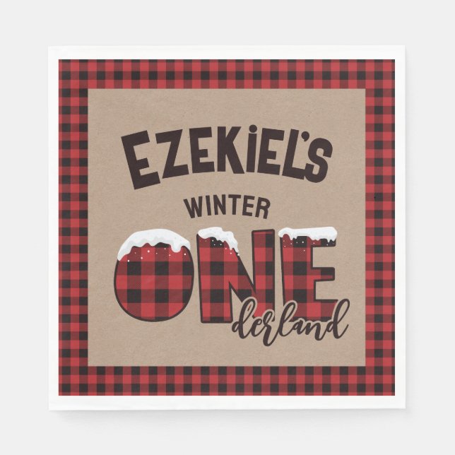 Winter ONEderland Buffalo Plaid Happy Birthday Napkin (Front)