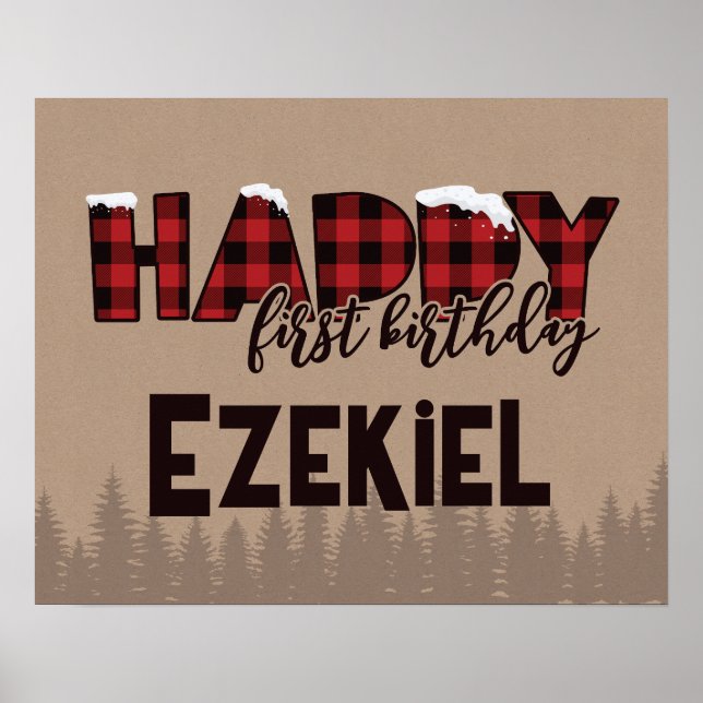 Winter ONEderland Buffalo Plaid Happy Birthday Poster (Front)