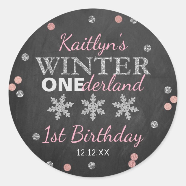 Winter ONEderland Chalkboard 1st Birthday Classic Round Sticker (Front)