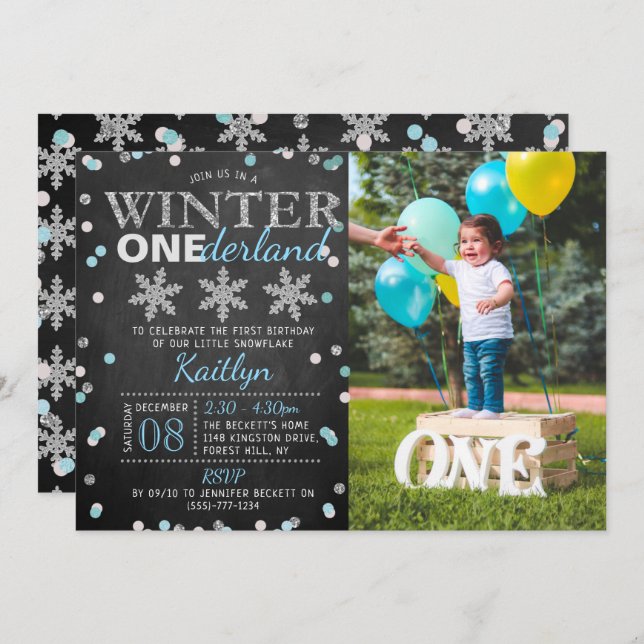Winter ONEderland Chalkboard 1st Birthday Photo Invitation (Front/Back)