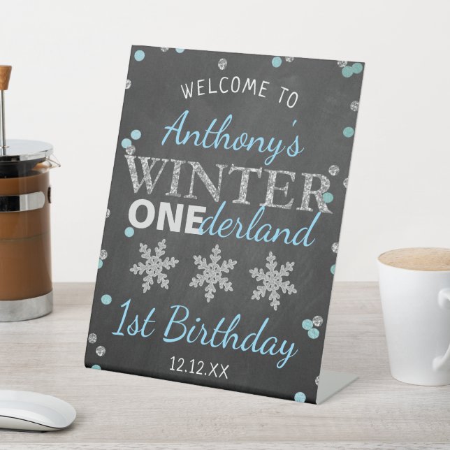 Winter ONEderland Chalkboard 1st Birthday Welcome Pedestal Sign (In SItu)