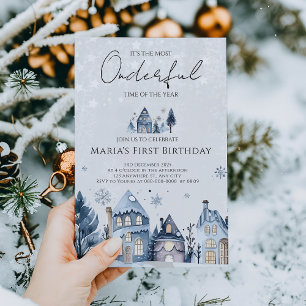 Winter Onederland Christmas Houses Birthday Invitation