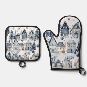 Winter Onederland Christmas Houses Birthday Oven Mitt & Pot Holder Set