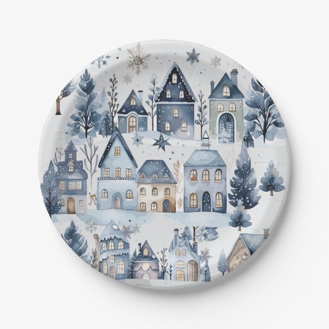 Winter Onederland Christmas Houses Birthday Paper Plate (Front)
