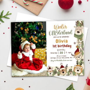 Winter ONEderland Christmas Reindeer Birthday  Invitation