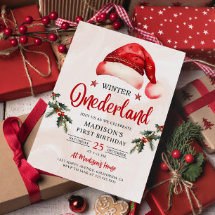 Winter Onederland Christmas Santa Hat Birthday Invitation
