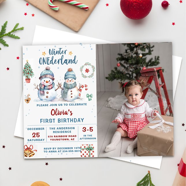 Winter Onederland Christmas Snowman Birthday Photo Invitation (Creator Uploaded)