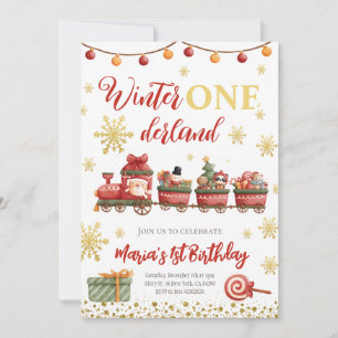 Winter Onederland Christmas train Gold Birthday Invitation