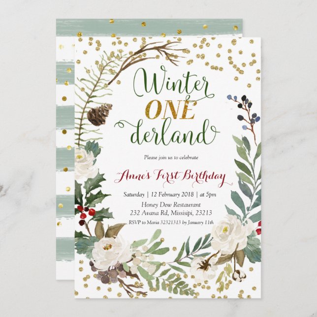 Winter Onederland Christmas Wreath Birthday Invitation (Front/Back)