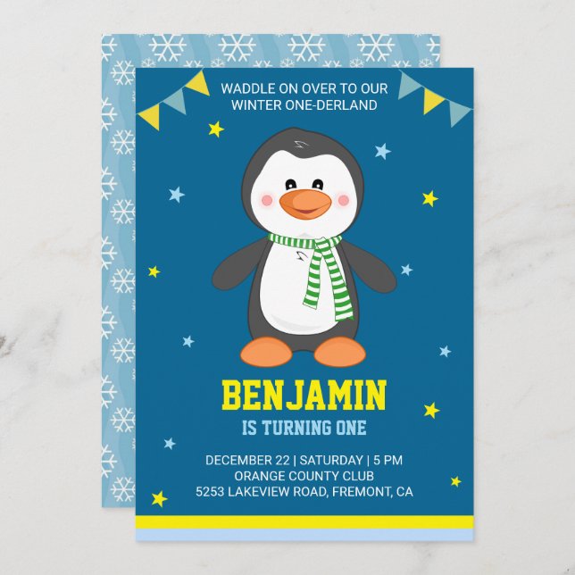 Winter Onederland Cute Penguin 1st Birthday Invite (Front/Back)