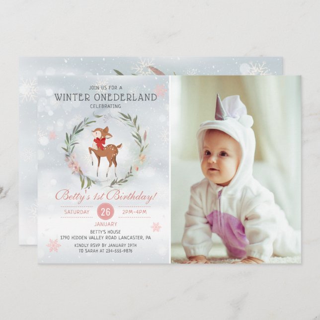 Winter Onederland Deer Baby First Birthday Photo Invitation (Front/Back)