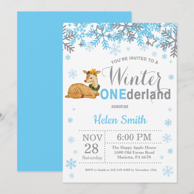 Winter Onederland Deer Boy 1st Birthday Invitation (Front/Back)