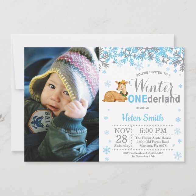 Winter Onederland Deer Boy 1st Birthday Photo Invitation (Front)
