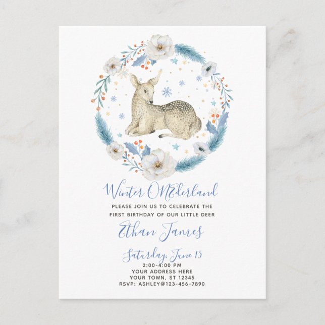 Winter ONEderland Deer Floral Baby's 1st Birthday Invitation Postcard (Front)