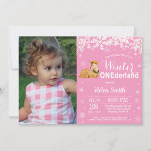 Winter Onederland Deer Girl 1st Birthday Photo Invitation