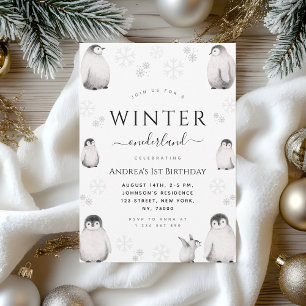 Winter Onederland Drawn Penguin 1st Birthday Party Save The Date