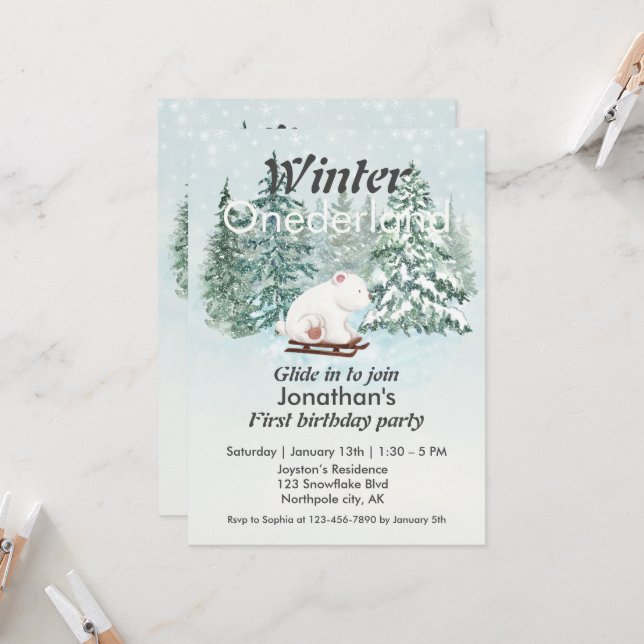 Winter Onederland First Birthday Bear on Sleigh Invitation (Front/Back In Situ)