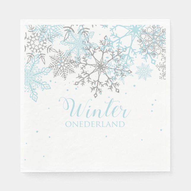 Winter Onederland first birthday blue and silver Napkin (Front)