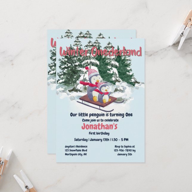 Winter Onederland First Birthday Cute Penguins on  Invitation (Front/Back In Situ)
