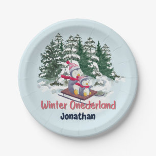 Winter Onederland First Birthday Cute Penguins on  Paper Plate