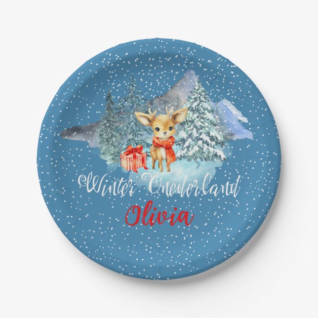 Winter Onederland First Birthday Cute Reindeer Paper Plate (Front)