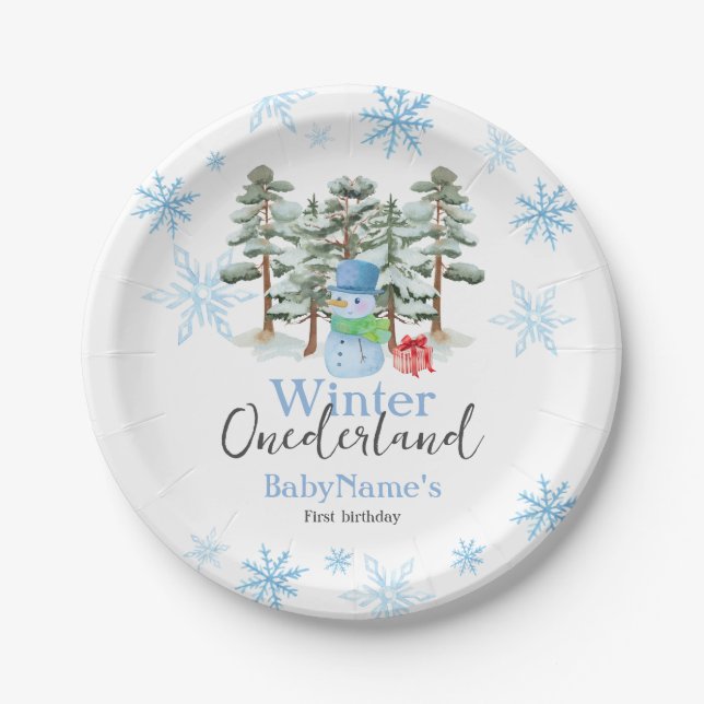Winter Onederland First Birthday Cute snowman fore Paper Plate (Front)