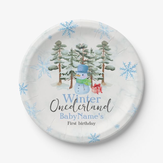 Winter Onederland First Birthday Cute snowman fore Paper Plate (Front)