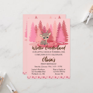 Winter Onederland First Birthday Deer Pink Forest Invitation