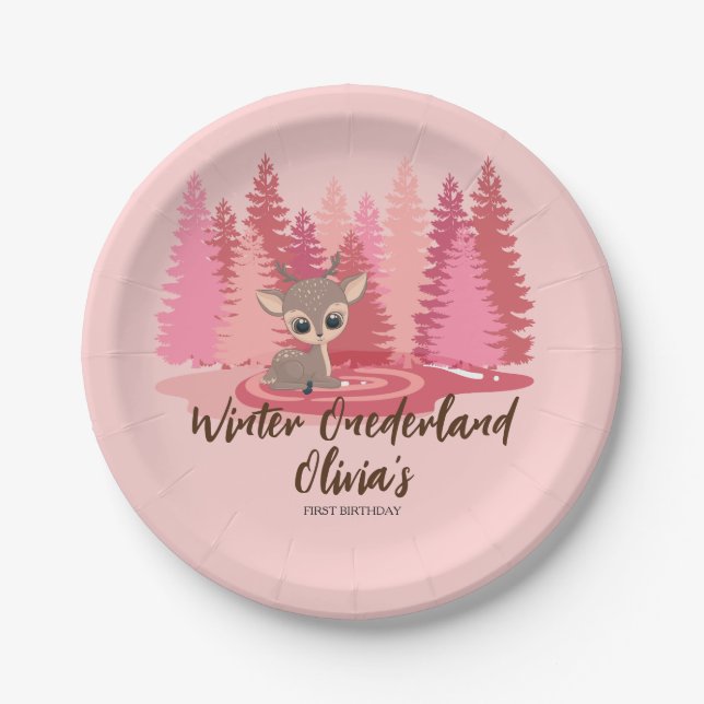 Winter Onederland First Birthday Deer Pink Forest Paper Plate (Front)