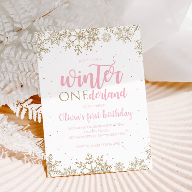 Winter Onederland First Birthday Gold Snowflakes Invitation (Creator Uploaded)