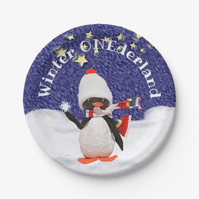 Winter ONEderland First Birthday Party Penguin Paper Plate (Front)