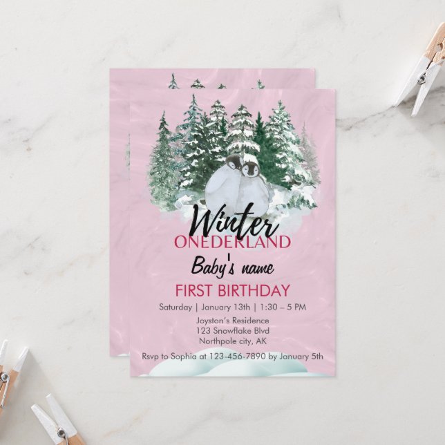 Winter Onederland First Birthday Penguin Pink Invitation (Front/Back In Situ)