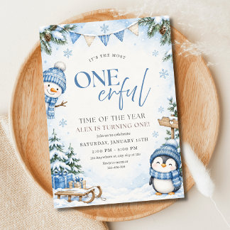 Winter Onederland First Birthday Penguin Snowman Invitation